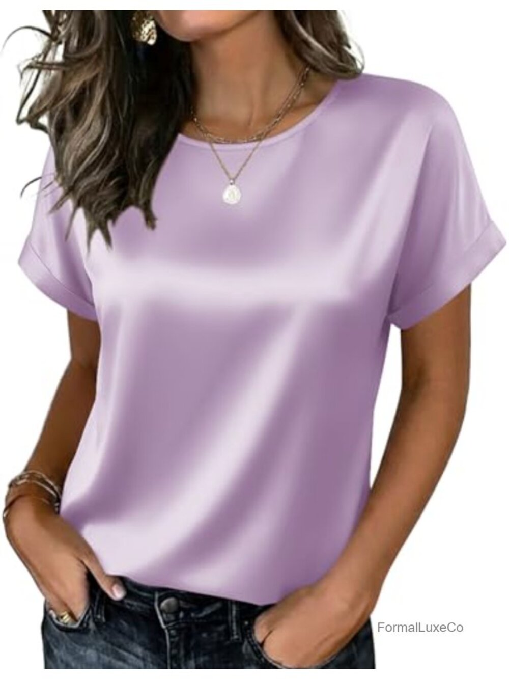 Satin Silk Blouse Crew Neck Short Sleeve Boxy Fit Dressy Casual Top